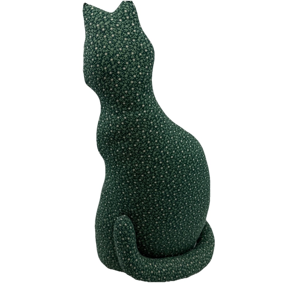 Green Cat Sitting Fabric Door Stopper Flowers 15" Tall Homemade Soft